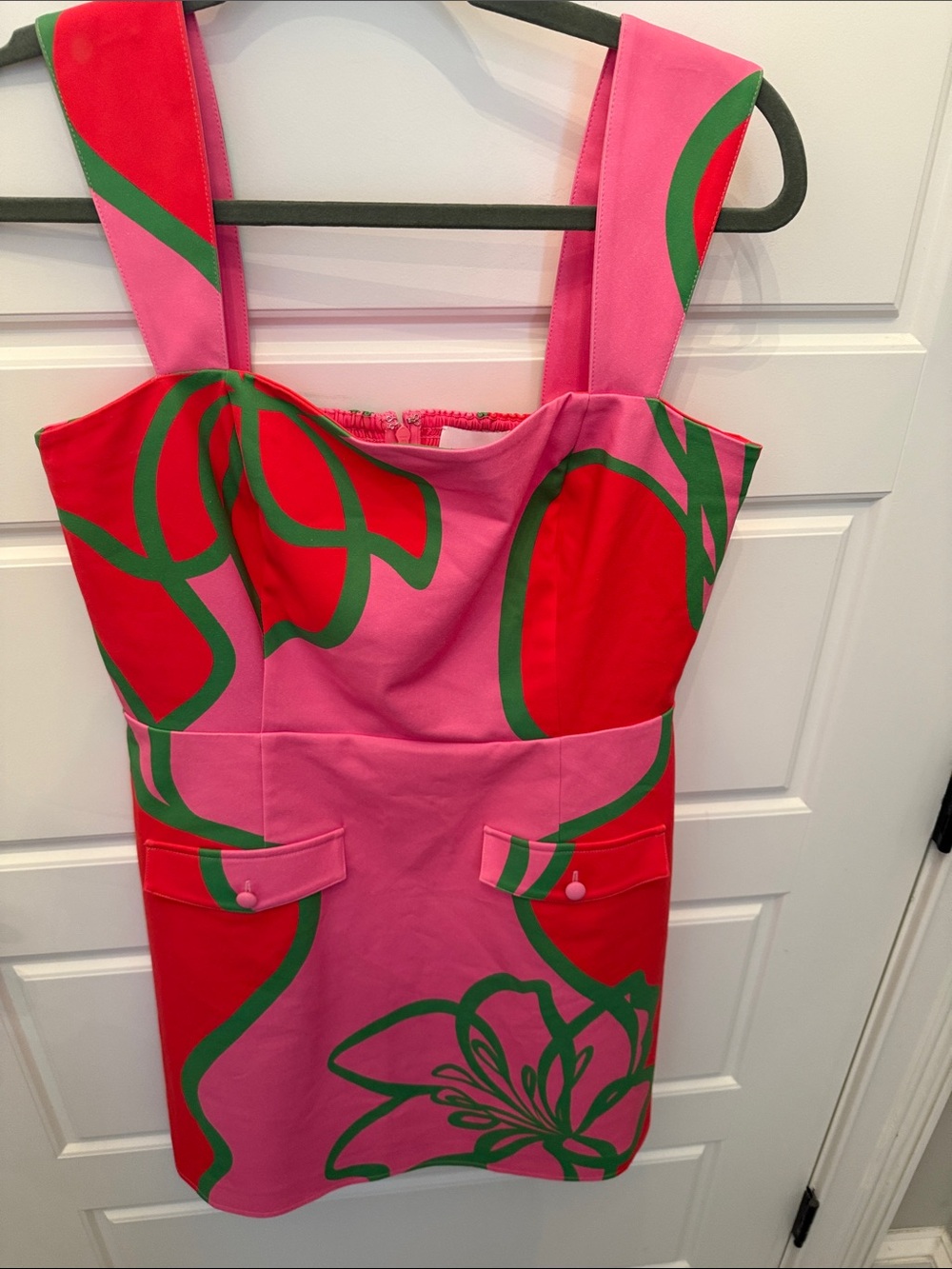 Alden Adair Pink and Red Floral Mini Dress with Green Accents - Picture 4 of 7